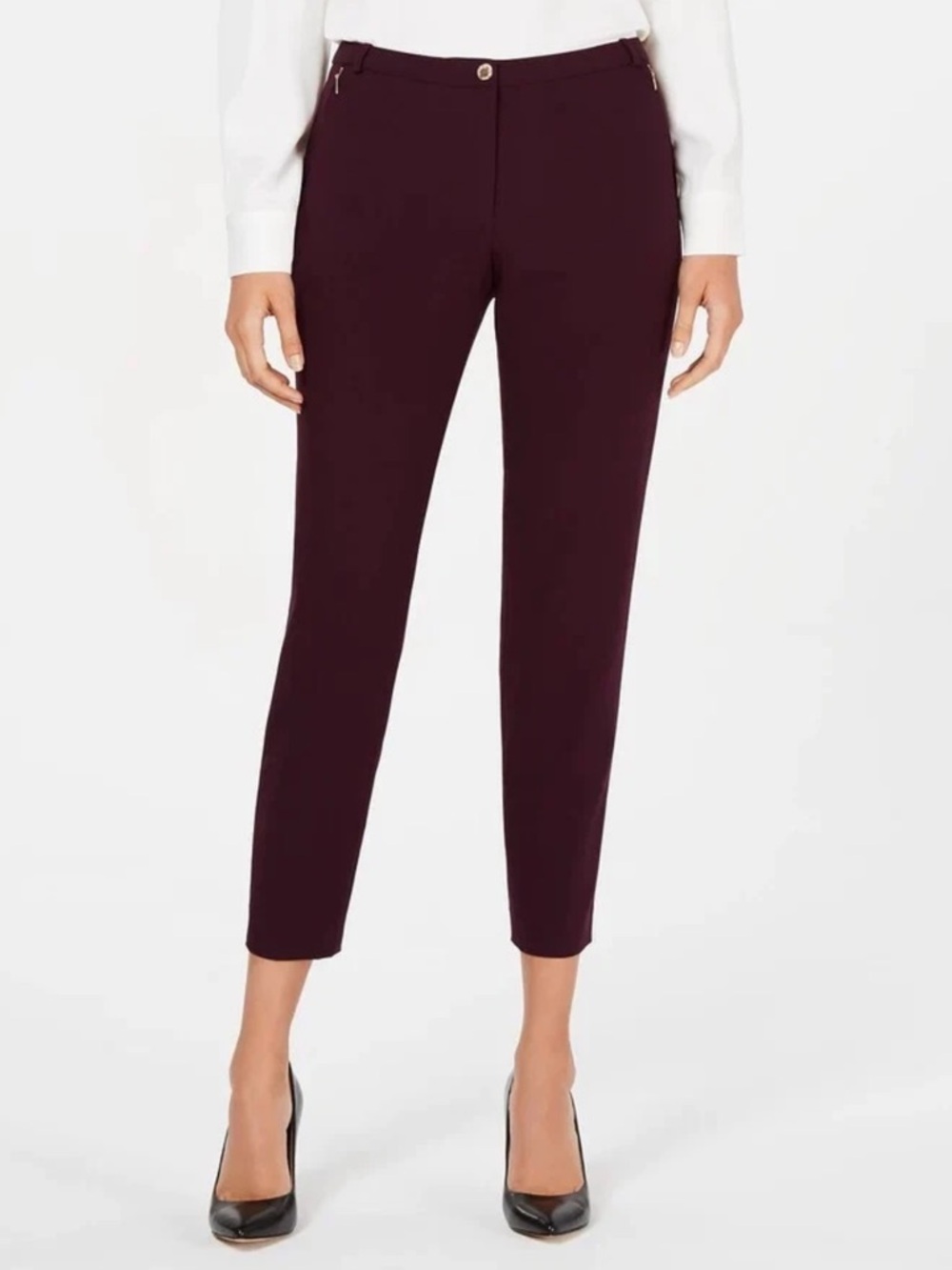 NWT Calvin Klein Slim Ankle Pants with Gold Zippers in Burgundy Size 14